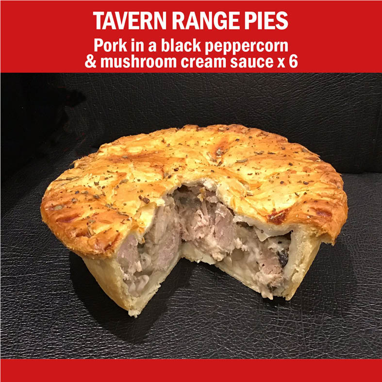 Pork in a black peppercorn & mushroom cream sauce x 6 <p> 320g (average weight) <p>Tavern Pies