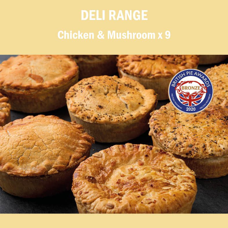DELI Chicken & Mushroom x 9 <p> 220g (average weight)<p>DELI Pies