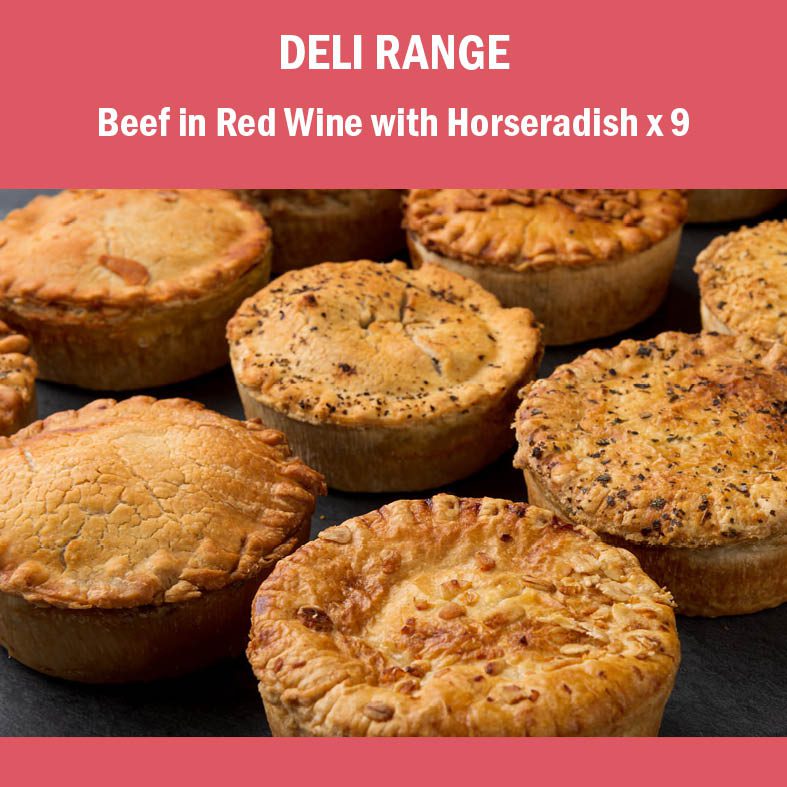 DELI Beef in Red Wine with Horseradish x 9<p> 220g (average weight) <p> Deli Pies